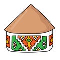 Hand drawn doodle african national hut. Ndebele tribal dwelling. Simple thatched roof and walls with ethnic patterns