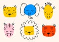 Hand drawn doodle animal heads on white background. Modern colorful animal faces for decoration. Journal doodle. Lion, elephant, Royalty Free Stock Photo