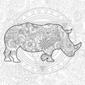 hand drawn rhino doodle animal paisley adult stress release coloring page zentangle