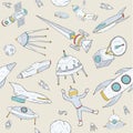 Hand drawn doodle astronomy seamless pattern. Background with space objects, planets,shuttles, rockets, satellites