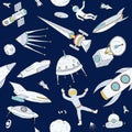 Hand drawn doodle astronomy seamless pattern. Dark background with space objects, planets, shuttles, rockets, satellites