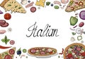 Hand drawn doodle background with italian food elements Royalty Free Stock Photo