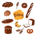 Hand drawn doodle bakery set. Different kinds of bread