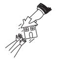 hand drawn doodle bankruptcy person fighting to hold back their house illustration