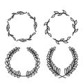 hand drawn doodle black laurels wreath frames branches with circle borders illustration