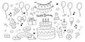 Hand drawn doodle black outline birthday element card clipart gift present for cute kid cartoon