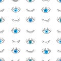 Hand drawn doodle blue eyes seamless pattern.