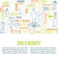 Hand drawn doodle body massage and Spa icon set with relaxing symbols, skin care elements, cream Lotion