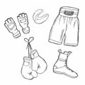 Hand drawn doodle boxing icons set. Vector illustration. Sketchy sport related icons boxing elements, boxing uniform, gloves, Royalty Free Stock Photo