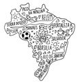 Hand drawn doodle Brazil, Brasilia map. brazilian city names lettering and cartoon landmarks, tourist attractions cliparts