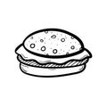 Hand drawn doodle burger icon. Black sketch. Sign symbol. Decoration element. Isolated on white background. Flat design. Vector i