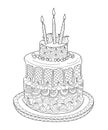 Hand drawn doodle cake with candles for coloring book for children and adults.