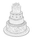 Hand drawn doodle cake with candles for coloring book for children and adults