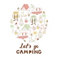 Hand Drawn Doodle Camping Objects. Set with Tourist Tent, Compas, Backpack and etc. Royalty Free Stock Photo