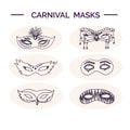 Hand drawn doodle carnival masks set.