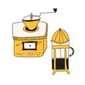 Hand drawn doodle cartoon vector illustration with warm yellow-orange colors of vintage coffee grinder and French press Royalty Free Stock Photo