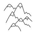 Hand drawn doodle chain of mountains with snowy peaks. Simple mountains with cracks and relie