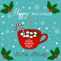 Hand Drawn Doodle Christmas Card. Red Mug With Hot Chocolate Cocoa Marshmallows Candy Cane Stick White Snowflakes Blue Background