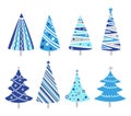 Hand drawn doodle Christmas tree set. Blue silver color cartoon style holiday trees. Royalty Free Stock Photo