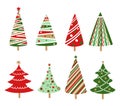 Hand drawn doodle Christmas tree set. Red green color cartoon style holiday trees. Royalty Free Stock Photo