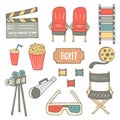 Hand drawn doodle cinema industry objects set