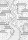 Hand drawn doodle city houses, park trees, road in black and white. Adult anti stress coloring book page vector