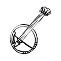 Hand drawn doodle of classical country music banjo. String plucked musical instrument. Country music, blues, folk or jazz