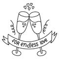 Hand drawn doodle of clink glasses with champagne. Cheers and toast for endless love. Celebration of ValentineÃ¢â¬â¢s day and party