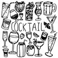 Hand drawn doodle cocktails elements, isolated on white background. Sketch perfect for party projects. Outlined vector