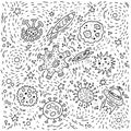 Hand drawn doodle Coronavirus in China and space rockets with vaccine in cell isolated on white background. Royalty Free Stock Photo