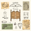 Hand drawn doodle cowboy objects collection