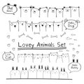 Hand Drawn Doodle Cute Animal Set. Include Bear, Cat, Bunny And Dogs.