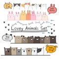 Hand Drawn Doodle Cute Animal Set. Include Bear, Cat, Bunny And Dogs.