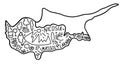 Hand drawn doodle Cyprus map. city names lettering and cartoon landmarks,