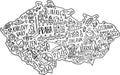 Hand drawn doodle Czech Republic map. Czech city names lettering and cartoon landmarks, tourist attractions cliparts. travel, trip Royalty Free Stock Photo