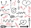 Hand drawn doodle design elements. Hand drawn arrows, frames, borders, icons and symbols. Cartoon style infographics