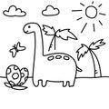 Hand drawn doodle dinosaur brontosaurus near with pal, clouds and dinos eggs. Royalty Free Stock Photo