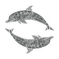 Hand drawn doodle dolphin zen tangle style beautiful doodles. illustration of sea animals Royalty Free Stock Photo