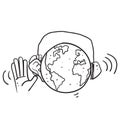 Hand drawn doodle earth globe planet with headset illustration vector isolated