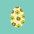Hand drawn doodle Easter egg filled with cute kids pattern in patch technique with red apples green yellow flowers on turquoise