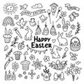 Hand drawn doodle easter elemetns isolated on white. Basket with colored eggs, bunny, carrot, tulips, glazed cake, candle, chick. Royalty Free Stock Photo