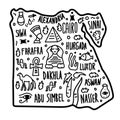 Hand drawn doodle Egypt map. city names lettering and cartoon landmarks, tourist attractions cliparts. trip comic infographic