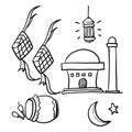 Hand drawn doodle eid illustration celebration, islamic symbol collection vector.cartoon