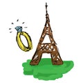 Hand drawn doodle eiffel tower. Symbol of travel in Paris eiffel tower. Concept of romantic travel eiffel tower and wedding ring