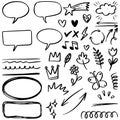 Hand Drawn Doodle Element Set, Speech Bubbles, Arrows, Hearts, and Floral Ornaments Illustration Vector Royalty Free Stock Photo