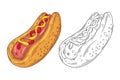 Hand drawn doodle fast food Hotdog. Vector illustration isolated on white background. Royalty Free Stock Photo