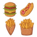 Hand drawn doodle fast food set. Burger, Hotdog, French Fries. Vector illustration isolated on white background. Royalty Free Stock Photo
