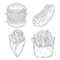 Hand drawn doodle fast food set. Burger, Hotdog, French Fries. Vector illustration isolated on white background. Royalty Free Stock Photo