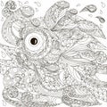 Hand drawn doodle fish on waves, anti stress coloring page stock