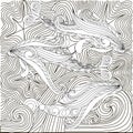 Hand drawn doodle fishes on waves, anti stress coloring page